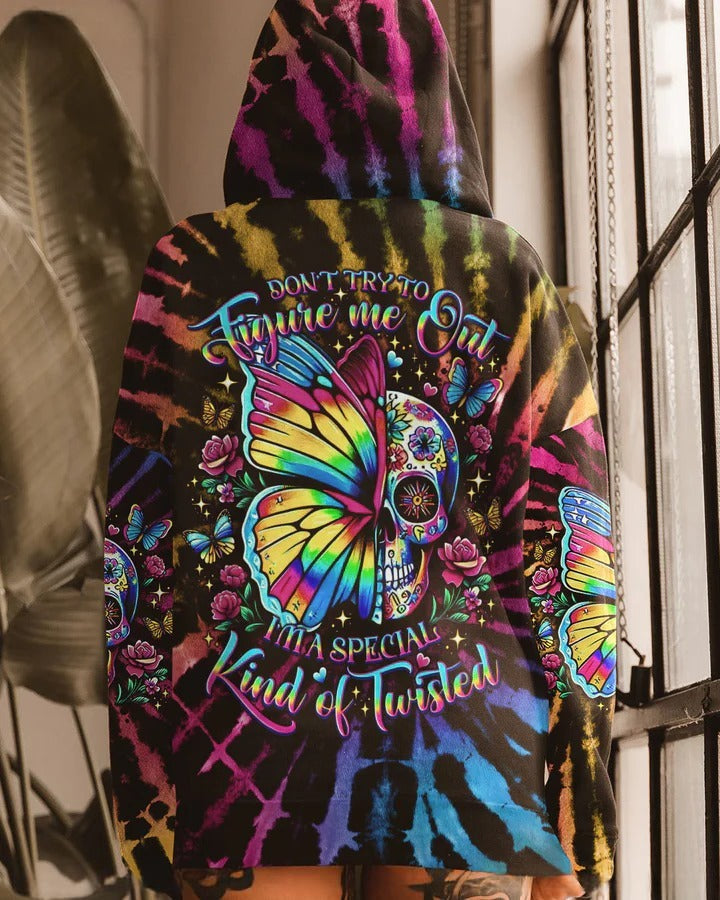 BLISSCORNERS DON'T TRY TO FIGURE ME OUT SKULL BUTTERFLY TIE DYE ALL OVER PRINT