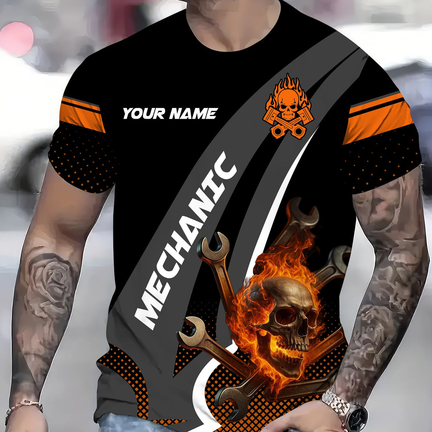 Blisscorners Personalized Mechanic Shirt, Skull Wrenches Flame Design, Mechanic Uniforms, Gift For Men