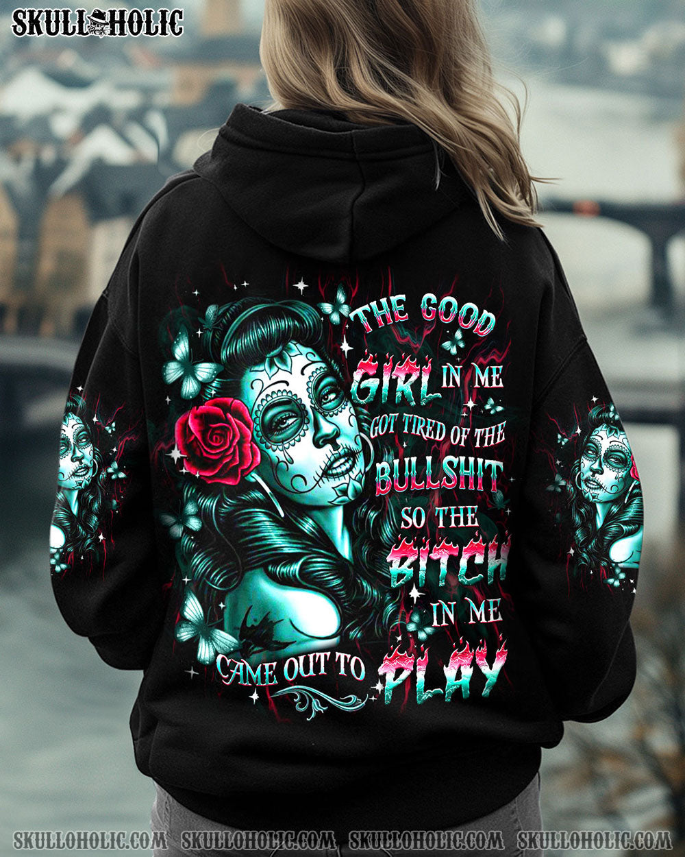 BLISSCORNERS THE GOOD GIRL IN ME GOT TIRED SKULL ALL OVER PRINT