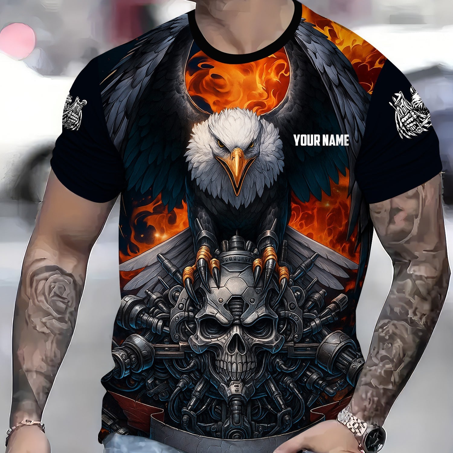 Blisscorners Custom Name Funny Eagle Mechanic Skull Unisex Black T Shirt