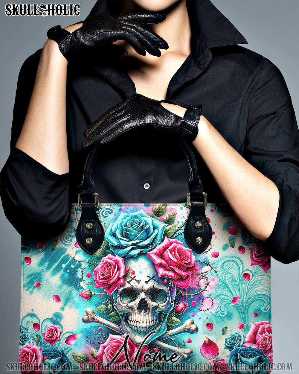 BLISSCORNERS SKULL BONES ROSES TIE DYE LEATHER HANDBAG