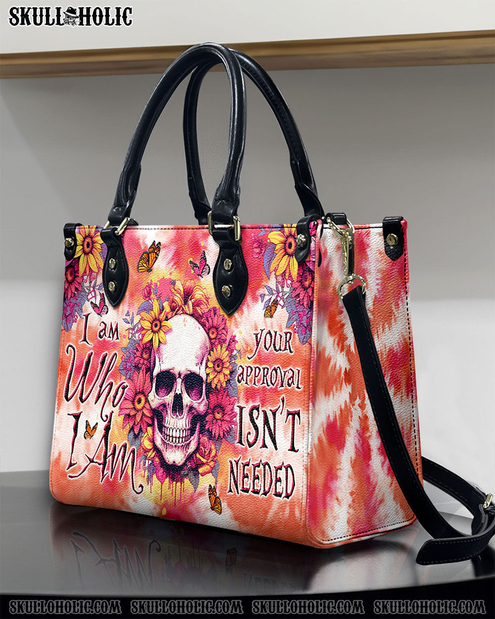 BLISSCORNERS I AM WHO I AM FLORAL SKULL TIE DYE LEATHER HANDBAG