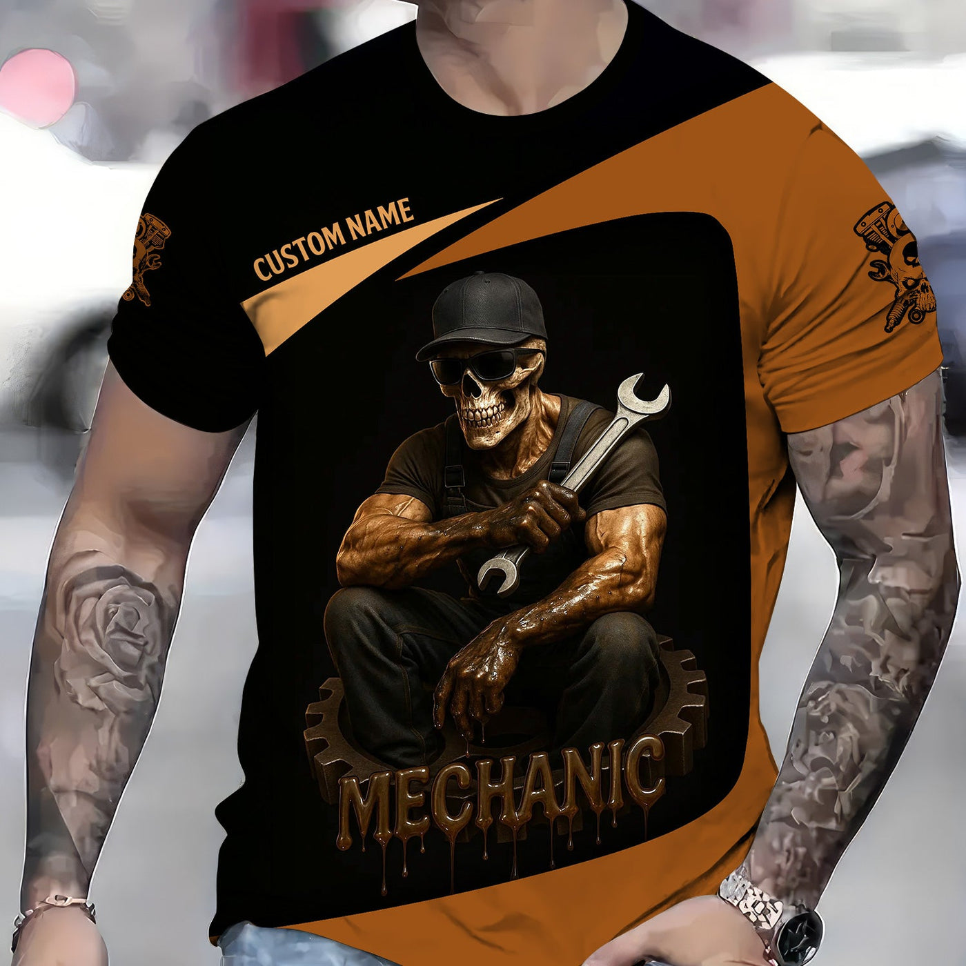 Blisscorners Personalized Mechanic Shirt, Oil Splatters You Mean Man Glitter, Skull Mechanic Design, Gift For Men
