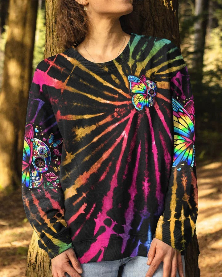 BLISSCORNERS DON'T TRY TO FIGURE ME OUT SKULL BUTTERFLY TIE DYE ALL OVER PRINT