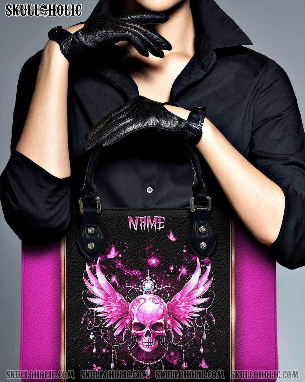 BLISSCORNERS PINK SKULL FAIRY WINGS LEATHER HANDBAG
