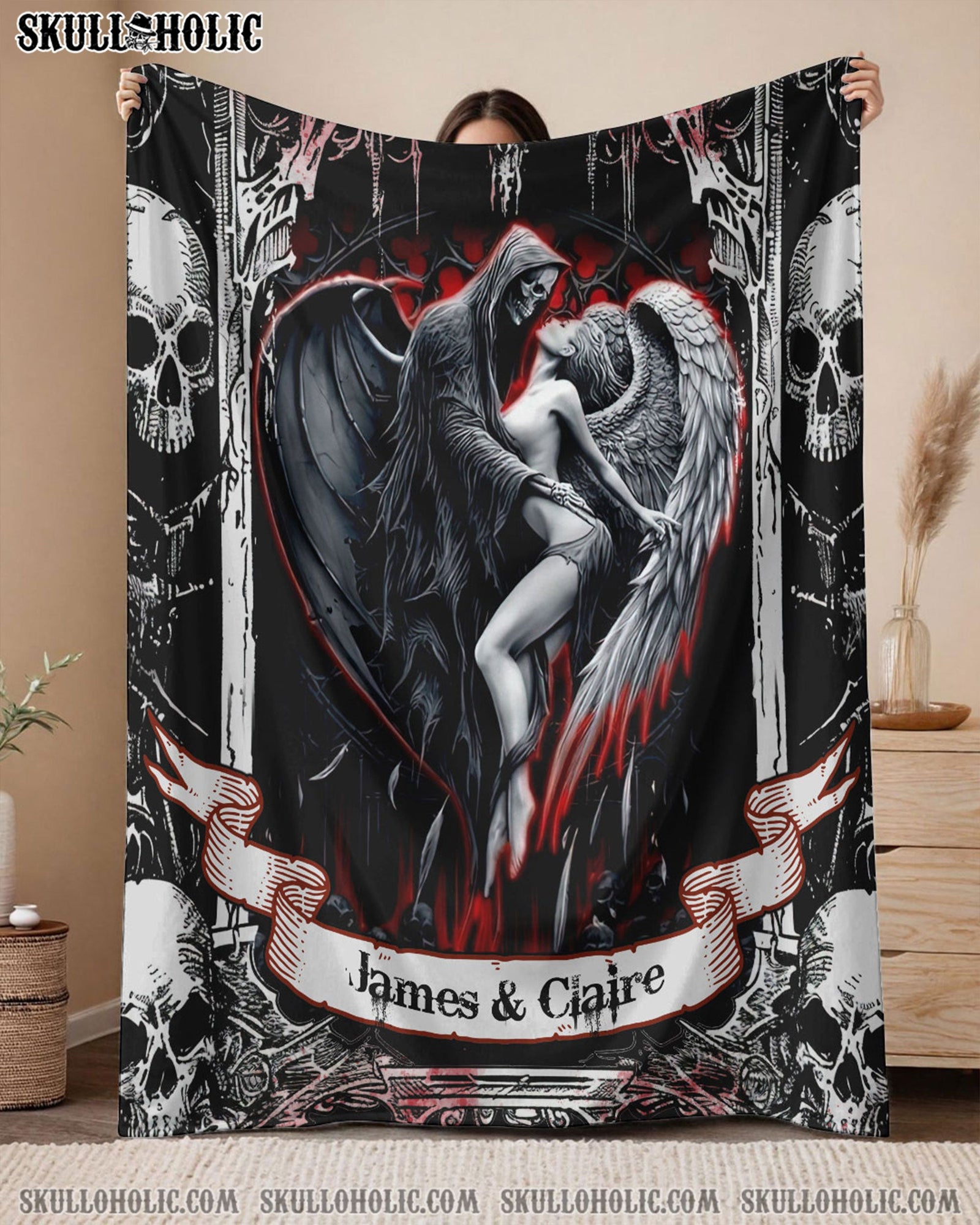 BLISSCORNERS PERSONALIZED DEVIL AND ANGEL SKULL COUPLE FLEECE BLANKET