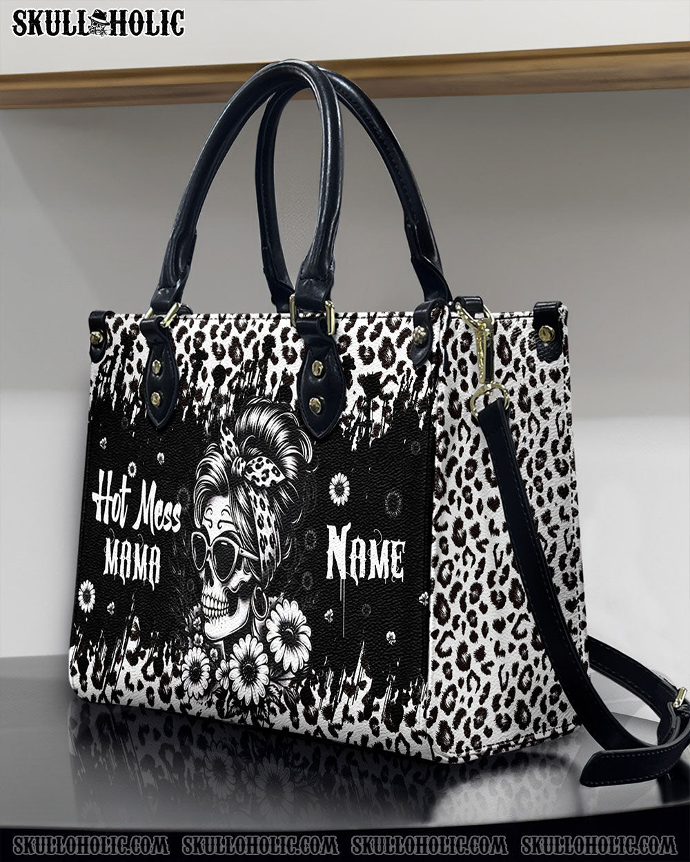 BLISSCORNERS HOT MESS MAMA SKULL MESSY BUN LEOPARD LEATHER HANDBAG