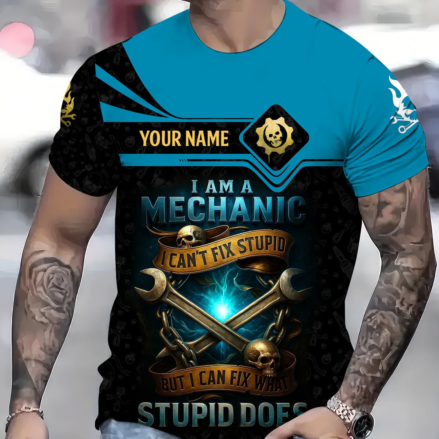 Blisscorners Personalized Mechanic Shirt, I Am A Mechanic I Can't Fix Stupid But I Can Fix What Stupid Does, Skull and Wreches Design, Gift For Men