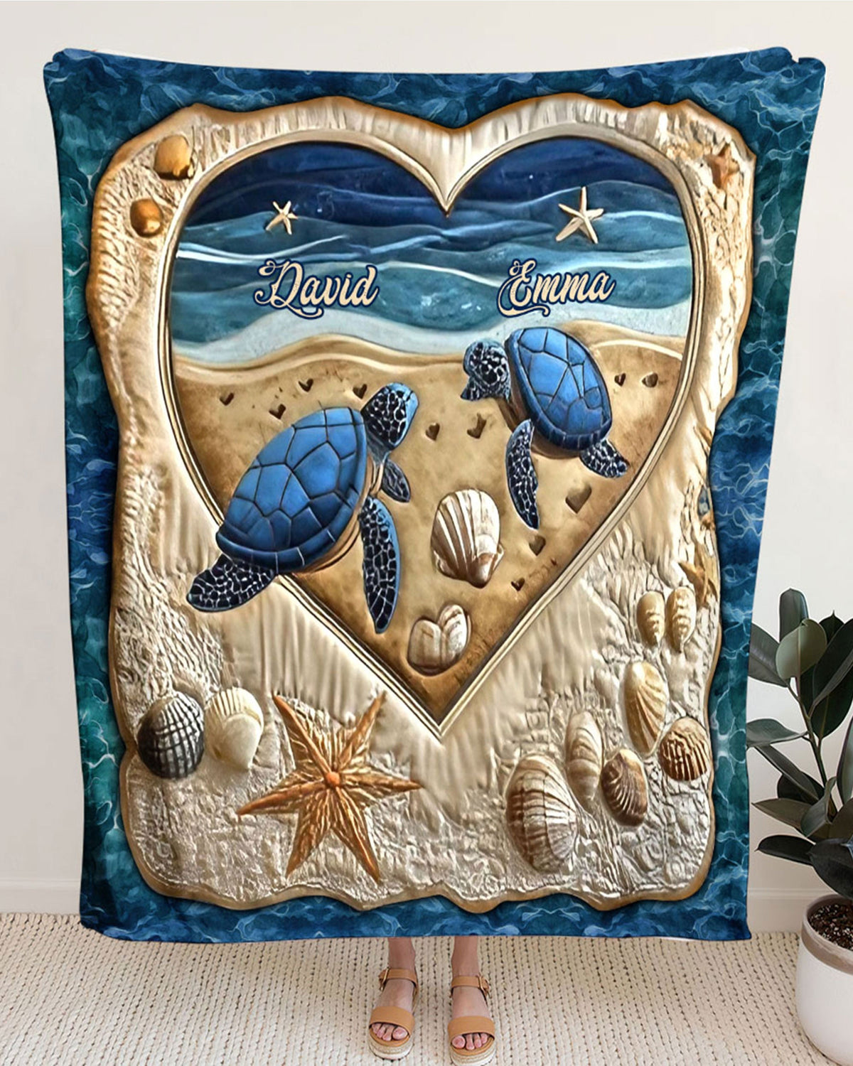 BLISSCORNERS PERSONALIZED COUPLE TURTLE LOVE BEACH FLEECE BLANKET