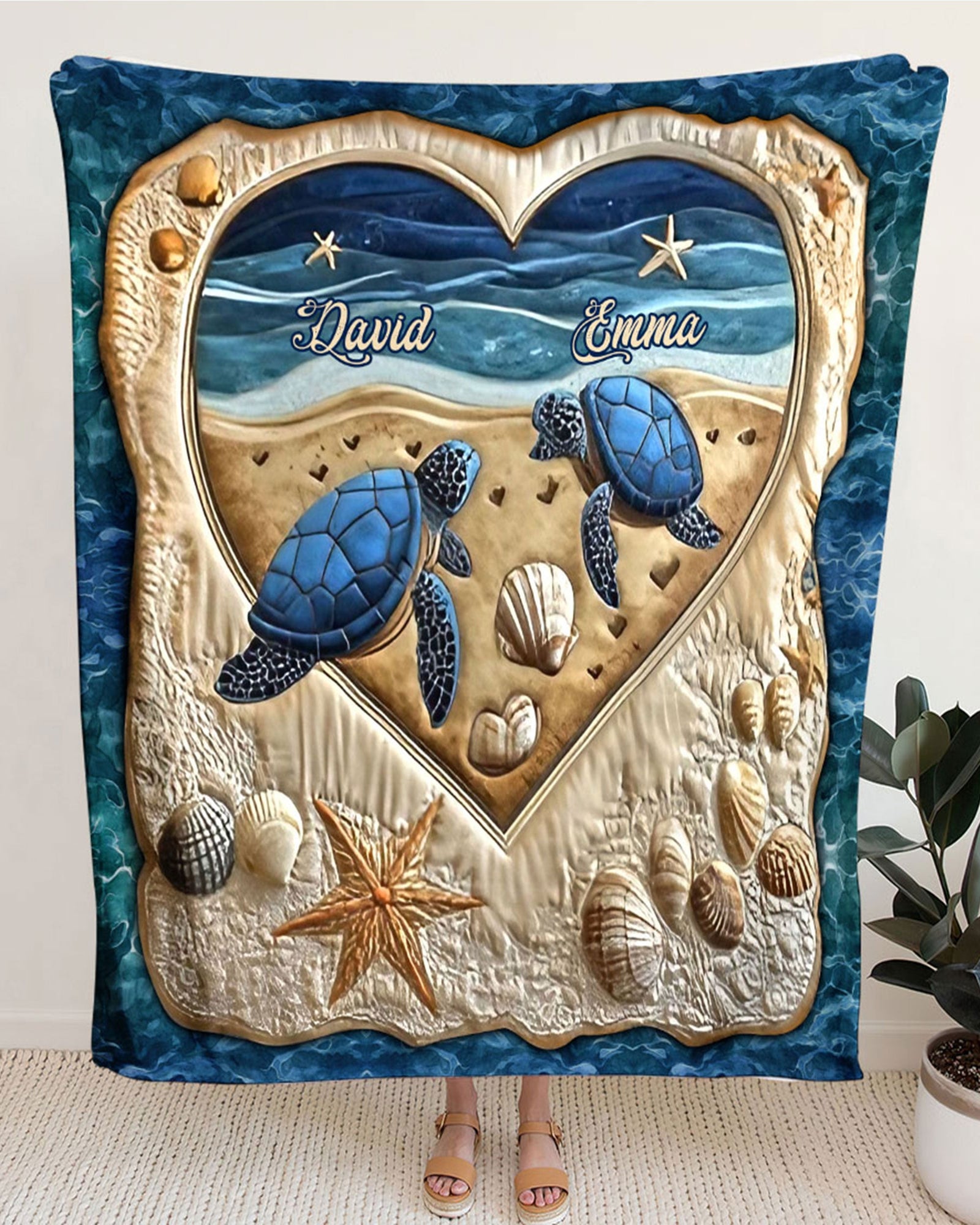 BLISSCORNERS PERSONALIZED COUPLE TURTLE LOVE BEACH FLEECE BLANKET