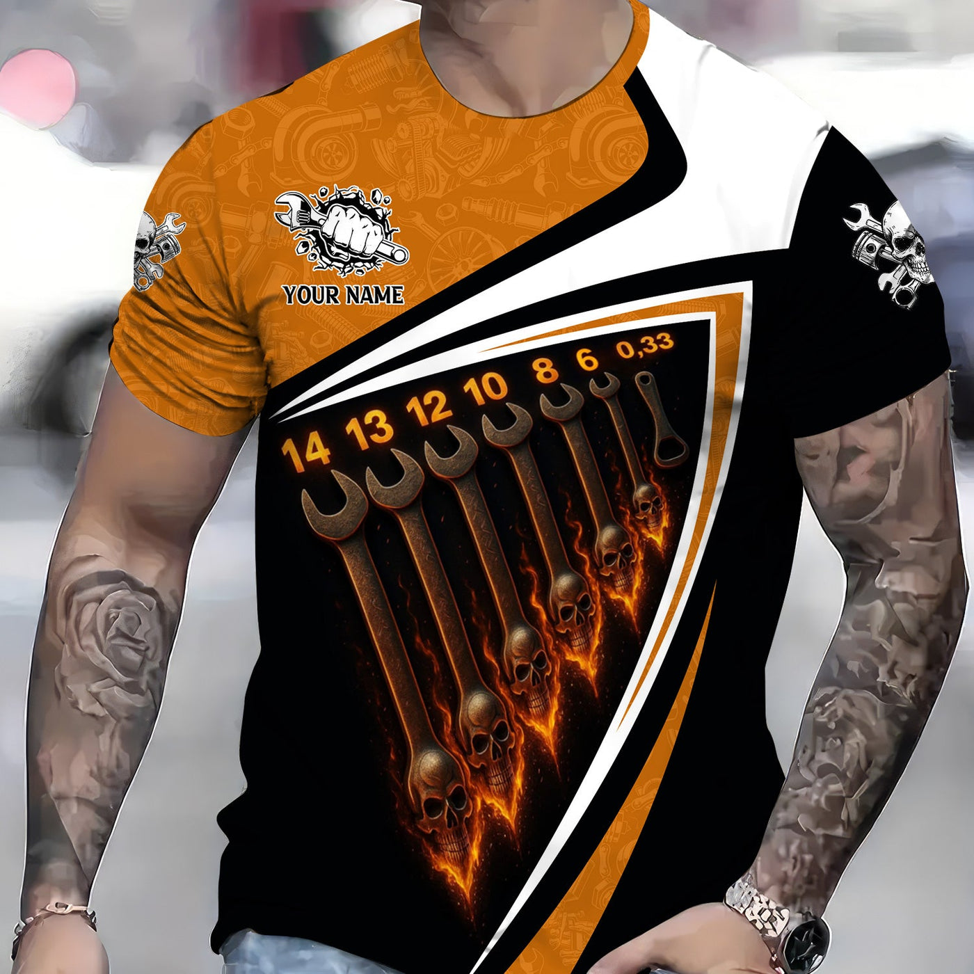 Blisscorners Personalized Mechanic Shirt, Sizes of Wrenches, Skull Wrench Design, Gift For Men
