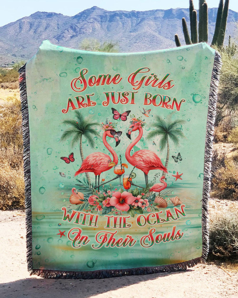 BLISSCORNERS SOME GIRLS ARE JUST BORN FLAMINGO WOVEN AND FLEECE BLANKET