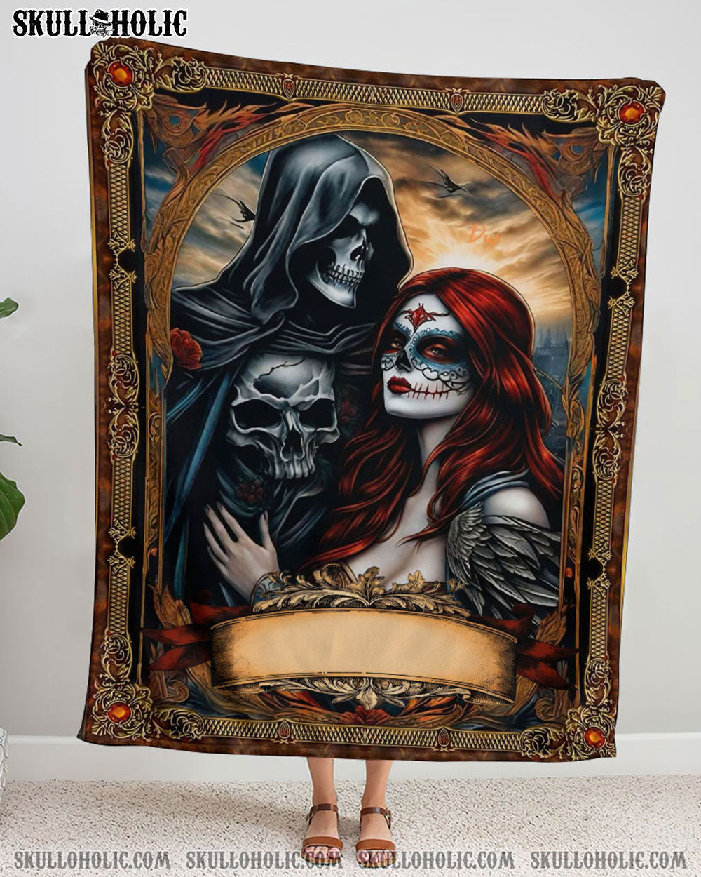 BLISSCORNERS PERSONALIZED SKULL REAPER AND LADY COUPLE FLEECE BLANKET