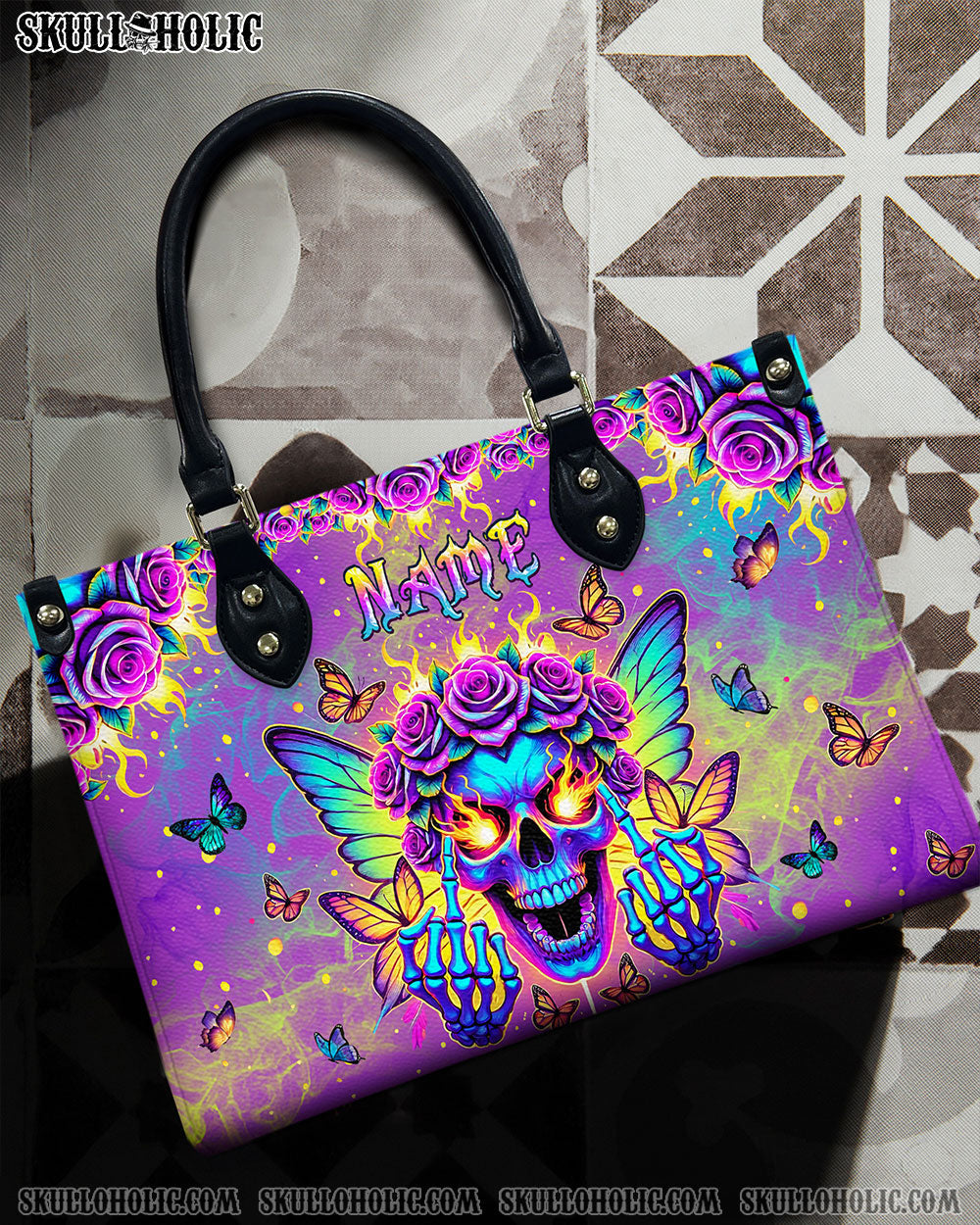 BLISSCORNERS SKULL BUTTERFLY ART LEATHER HANDBAG
