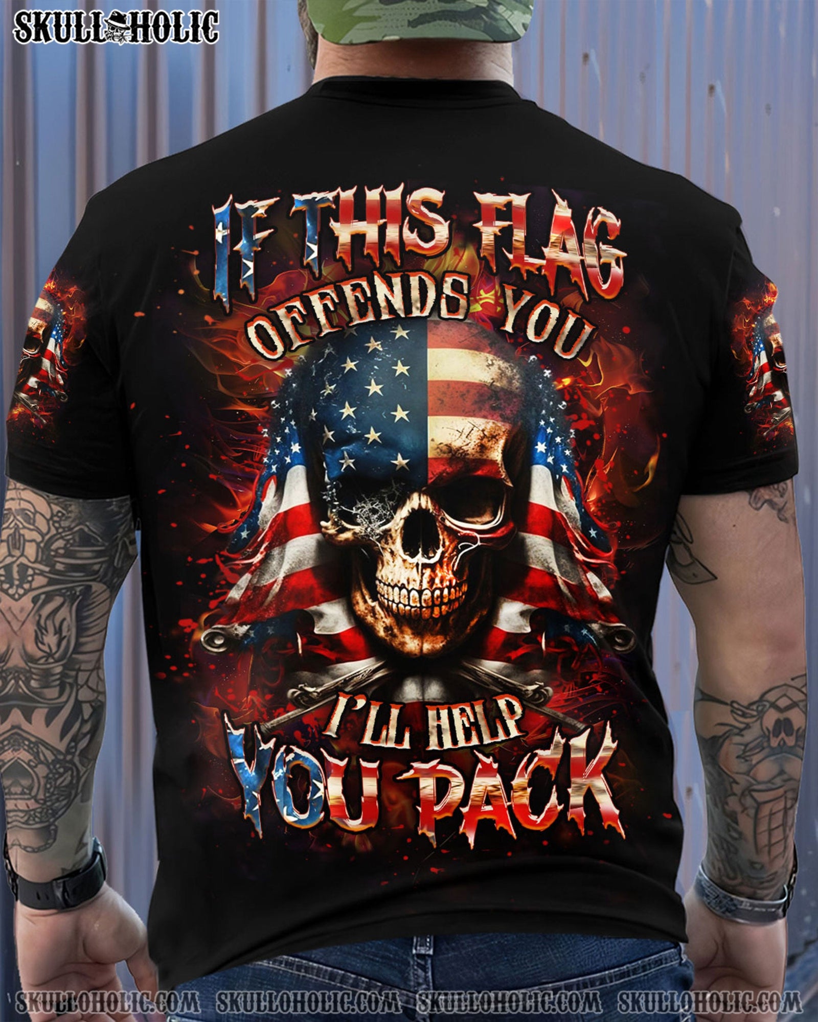 BLISSCORNERS IF THIS FLAG OFFENDS YOU I'LL HELP YOU PACK SKULL ALL OVER PRINT