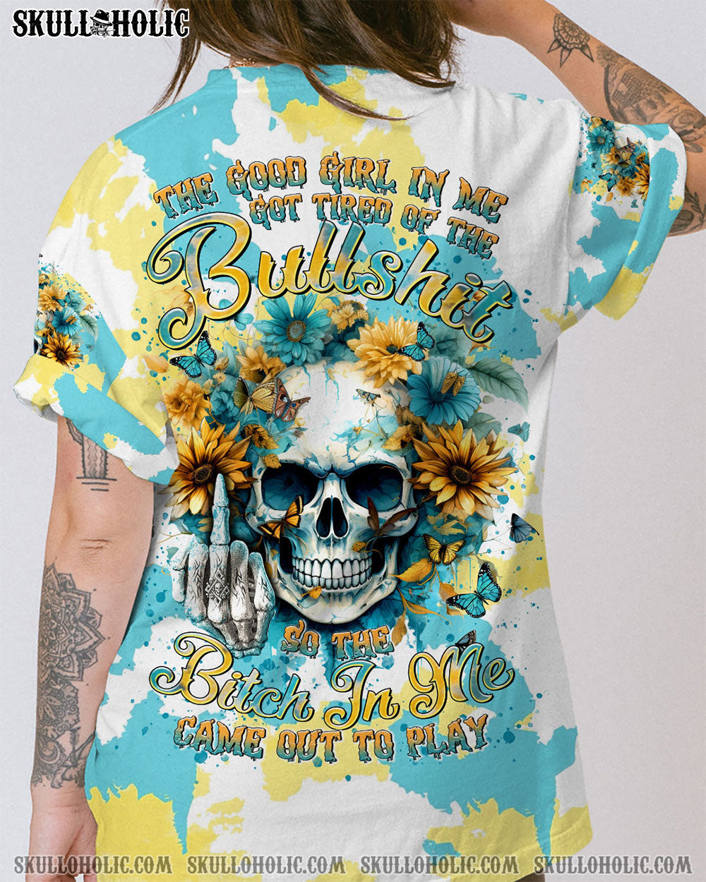 BLISSCORNERS THE GOOD GIRL IN ME SKULL FLOWER ALL OVER PRINT