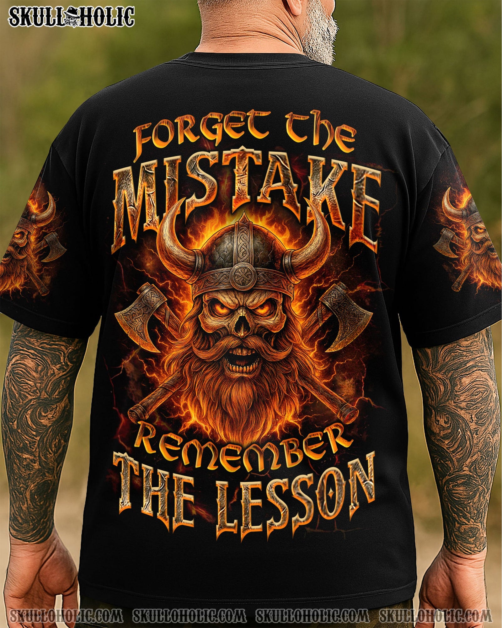 BLISSCORNERS FORGET THE MISTAKE REMEMBER THE LESSON VIKING SKULL ALL OVER PRINT