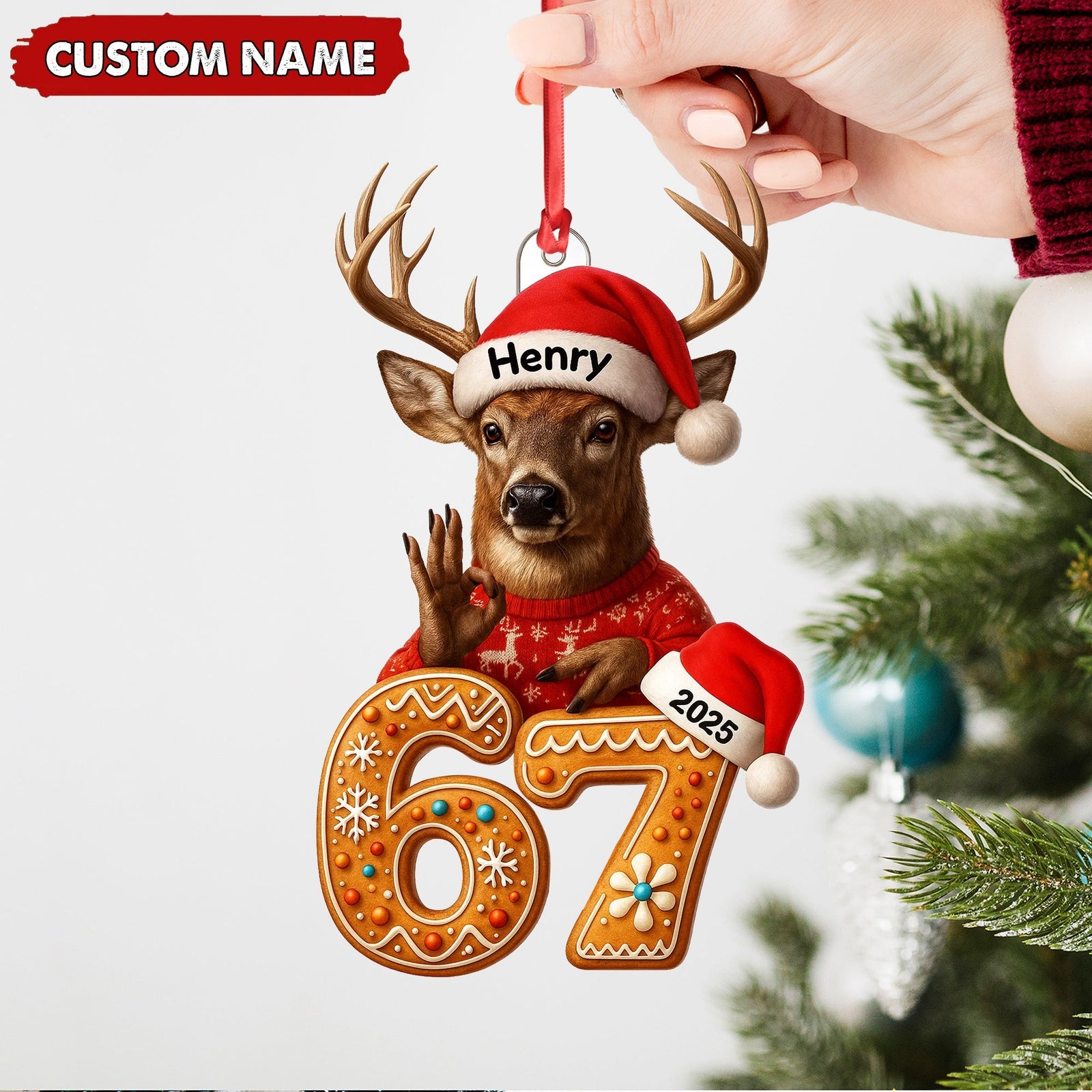 Blisscorners Personalized Deer Christmas Ornament, 67 Gingerbread Number Decoration 2025, Funny Buck Birthday Holiday Tree Gift MT2411