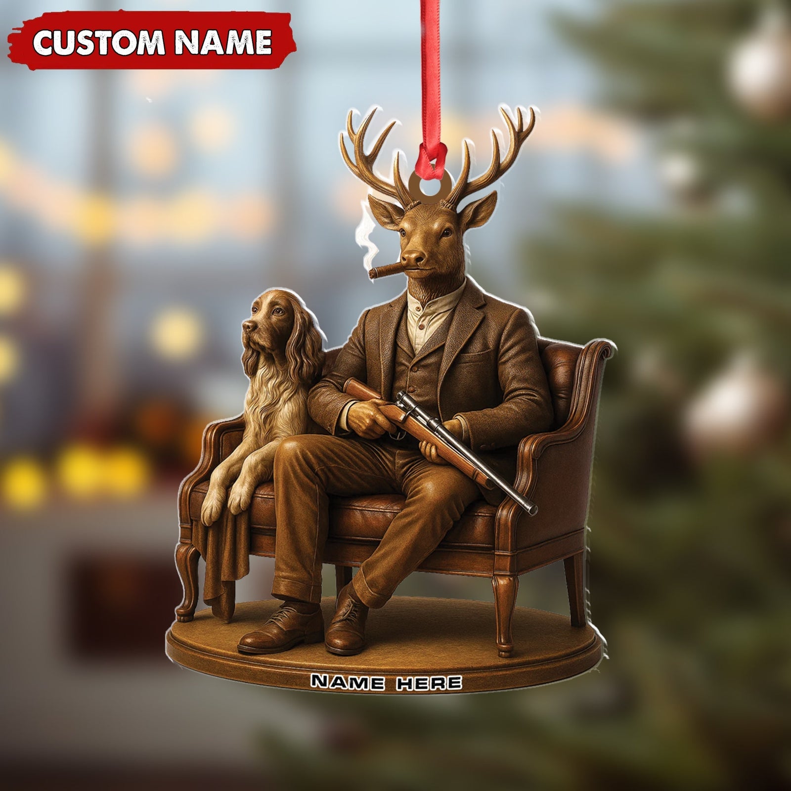 Blisscorners Personalized Acrylic Deer Christmas Ornament - Elegant Hunter Buck with Dog Holding Rifle Holiday Decor LM0110