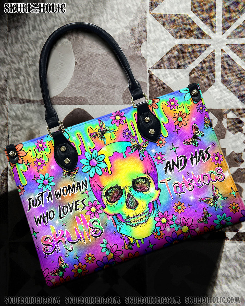 BLISSCORNERS JUST A WOMAN WHO LOVES SKULLS AND HAS TATTOOS LEATHER HANDBAG