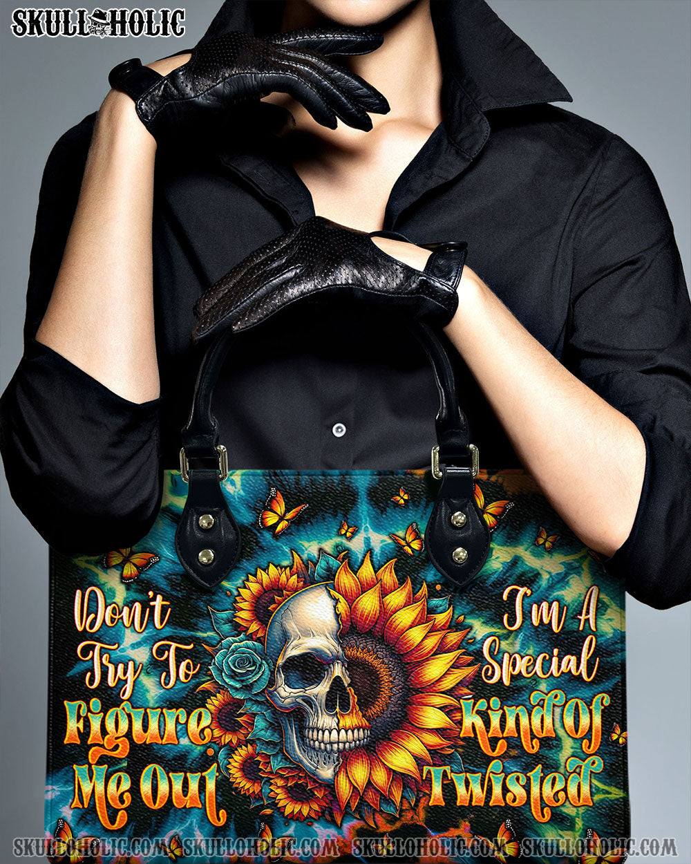 BLISSCORNERS DON'T TRY TO FIGURE ME OUT SKULL SUNFLOWER LEATHER HANDBAG