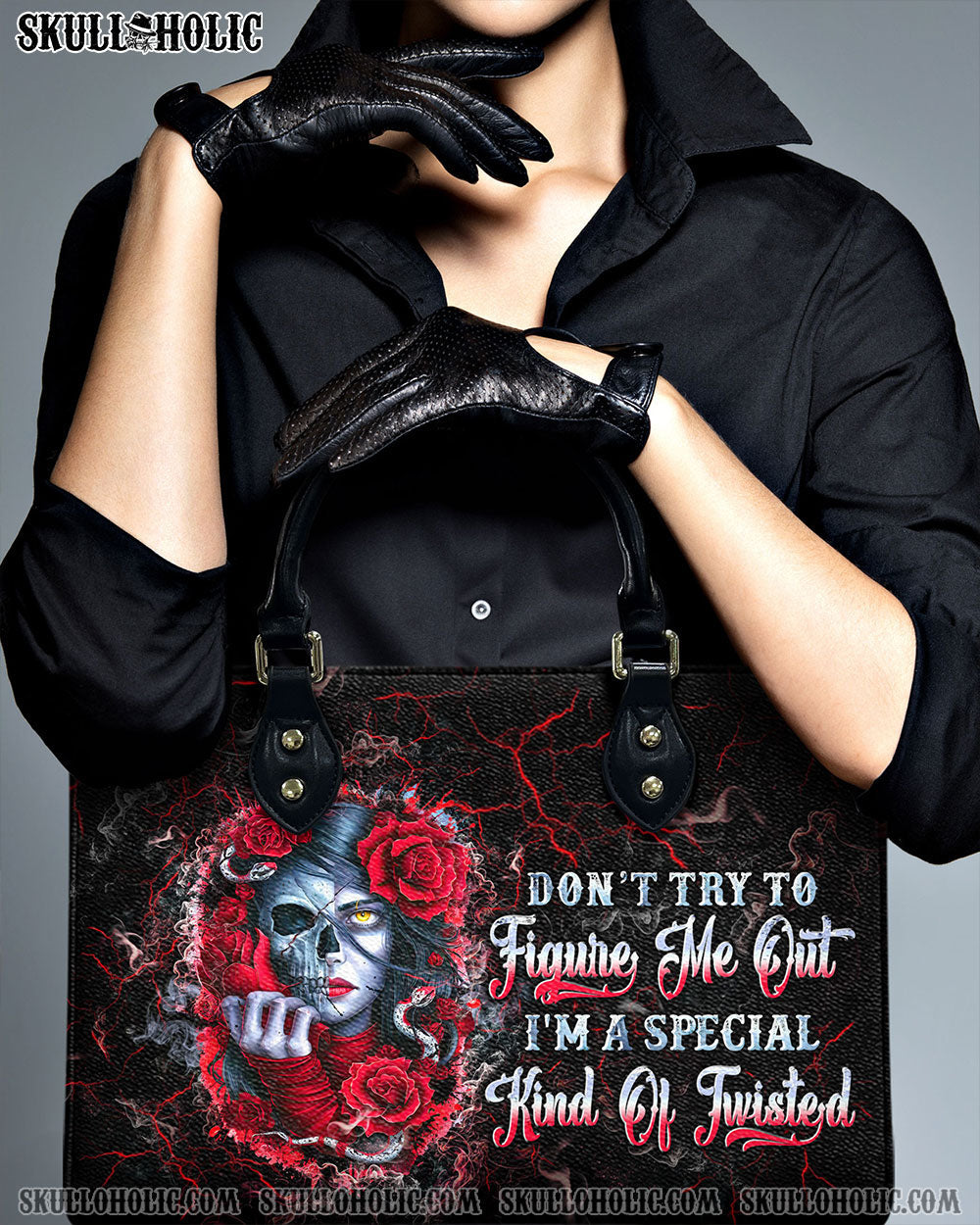 BLISSCORNERS DON'T TRY TO FIGURE ME OUT SKULL LADY LEATHER HANDBAG
