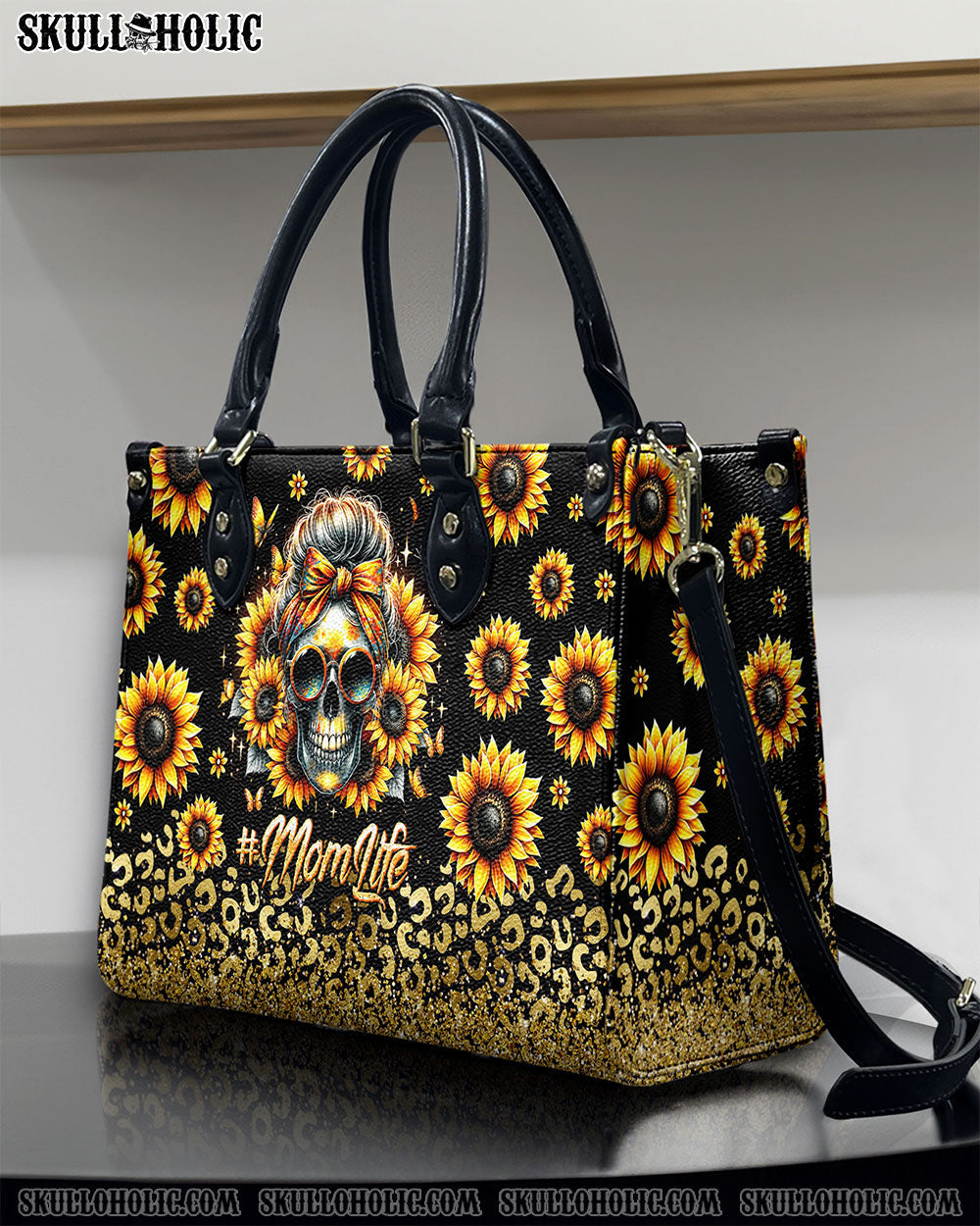 BLISSCORNERS MOM LIFE MESSY BUN SUNFLOWER LEOPARD LEATHER HANDBAG