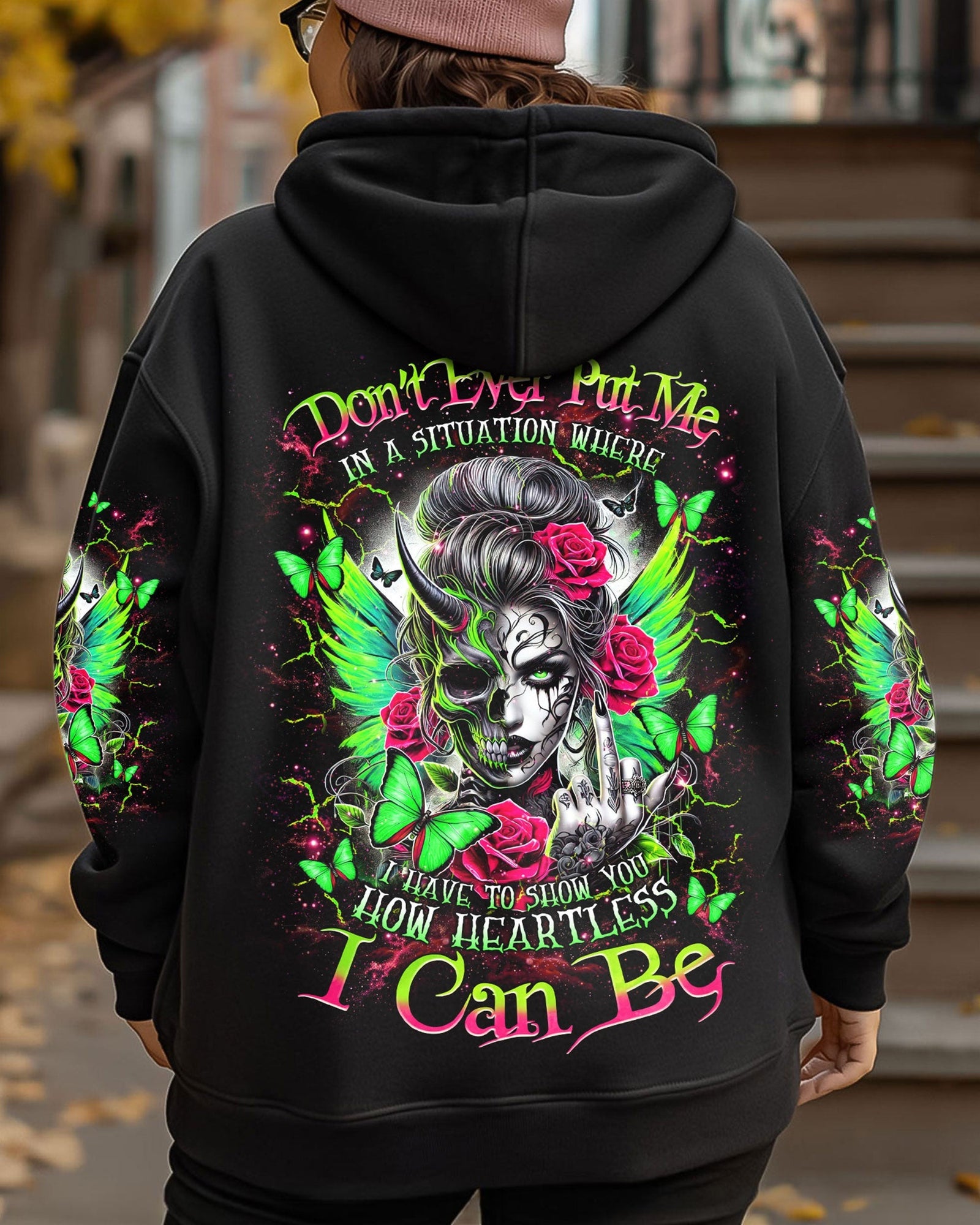 BLISSCORNERS HOW HEARTLESS I CAN BE TATTOO SKULL MESSY BUN ALL OVER PRINT