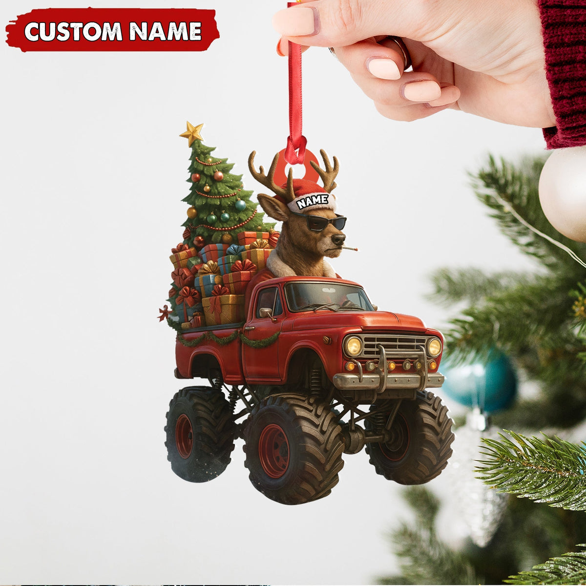 Blisscorners Personalized Funny Deer Truck Acrylic Christmas Ornament - Custom Name Gift for Hunters & Outdoor Lovers LM0411