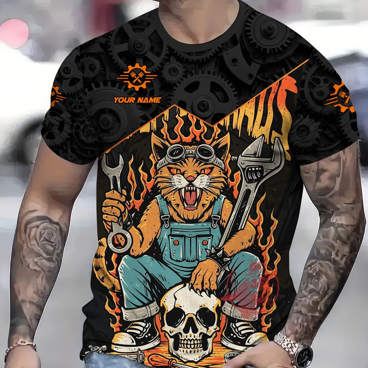 Blisscorners Personalized Mechanic Shirt Custom Name Funny Cat Skull Wrench Flames Auto Repair Garage Workwear Tee Car Repair Shirt Gift For Men Dad