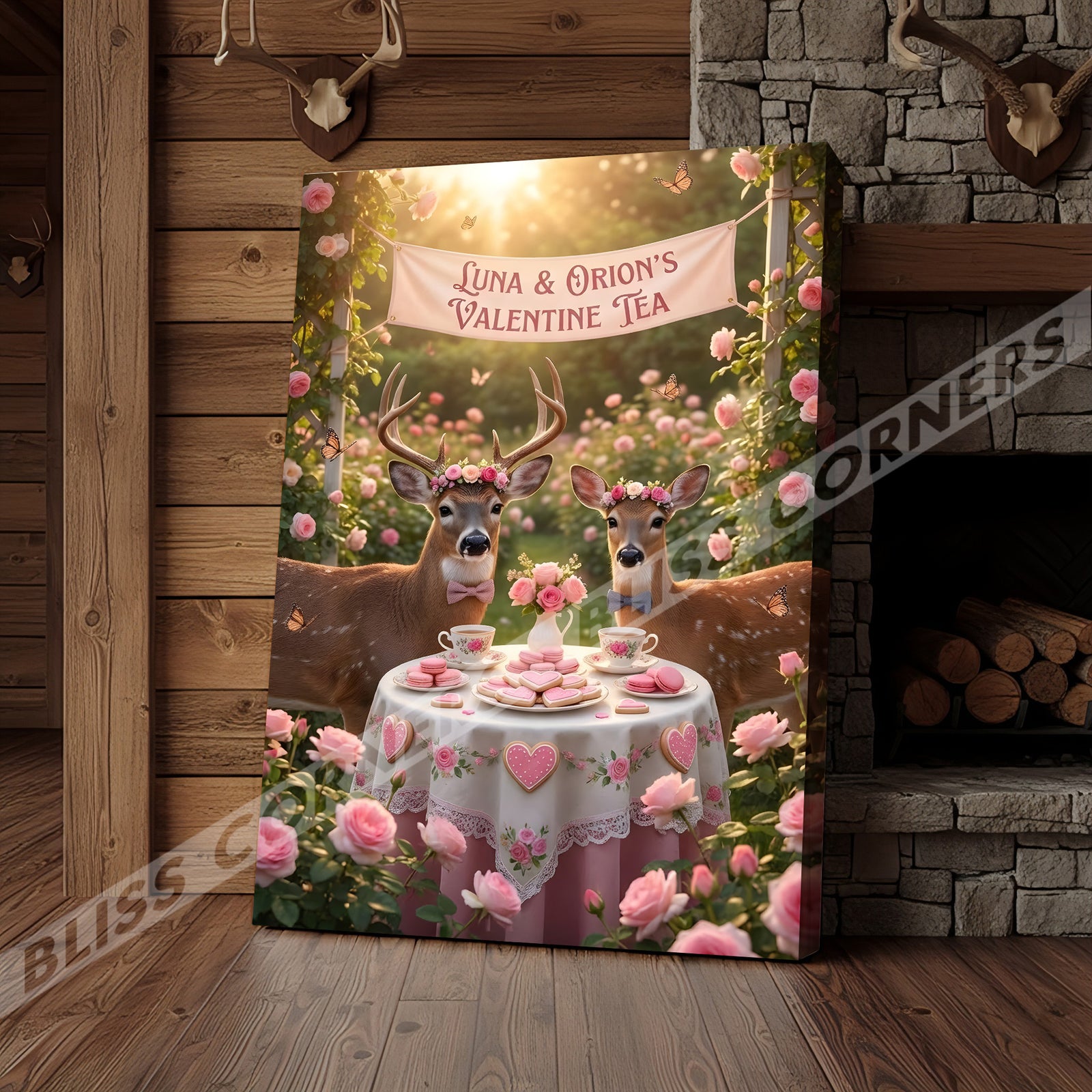 Blisscorners Valentine Deer Couple Tea Party Floral Garden Personalized Name Canvas