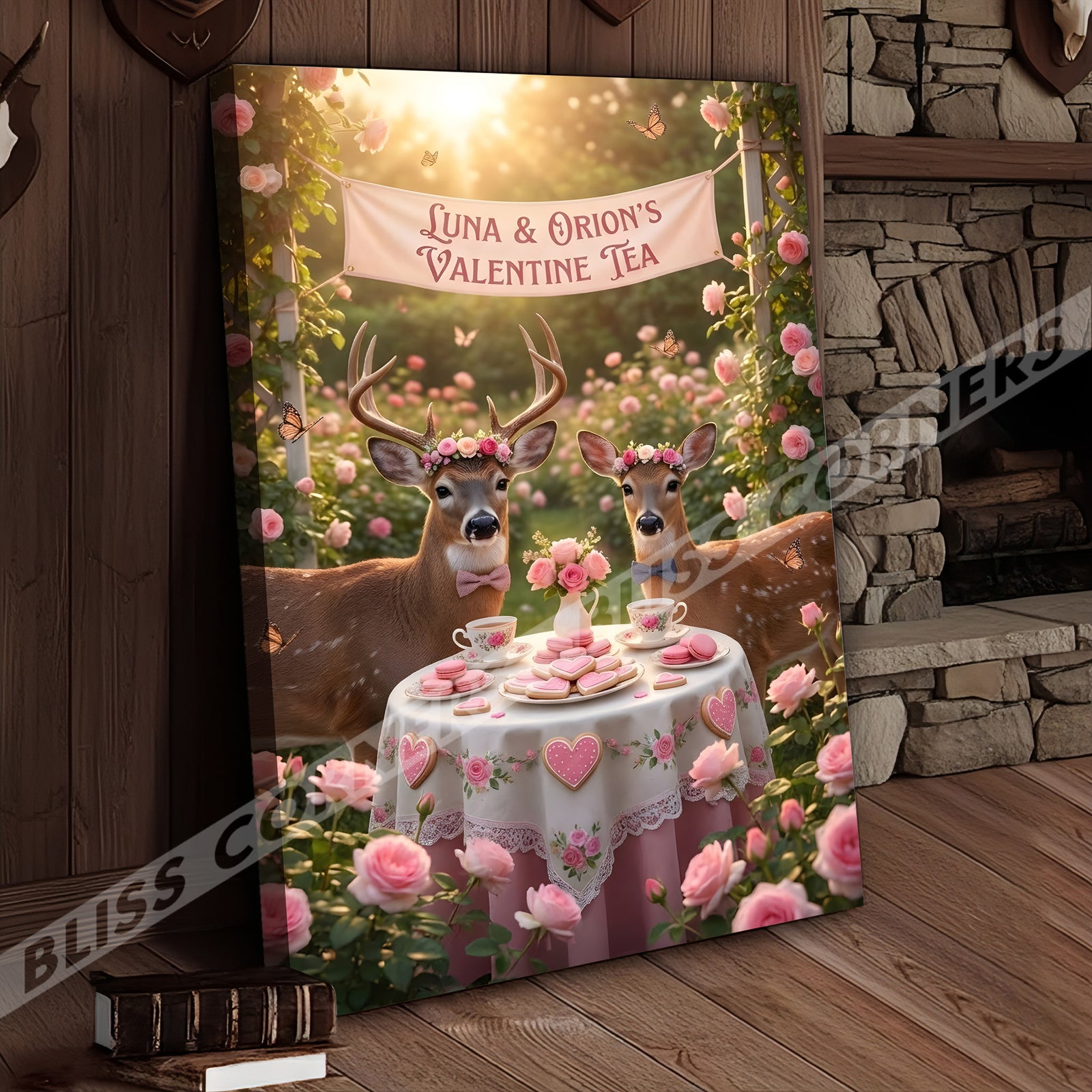 Blisscorners Valentine Deer Couple Tea Party Floral Garden Personalized Name Canvas