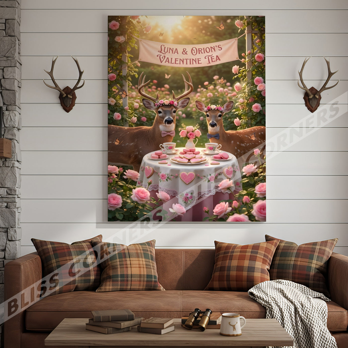 Blisscorners Valentine Deer Couple Tea Party Floral Garden Personalized Name Canvas