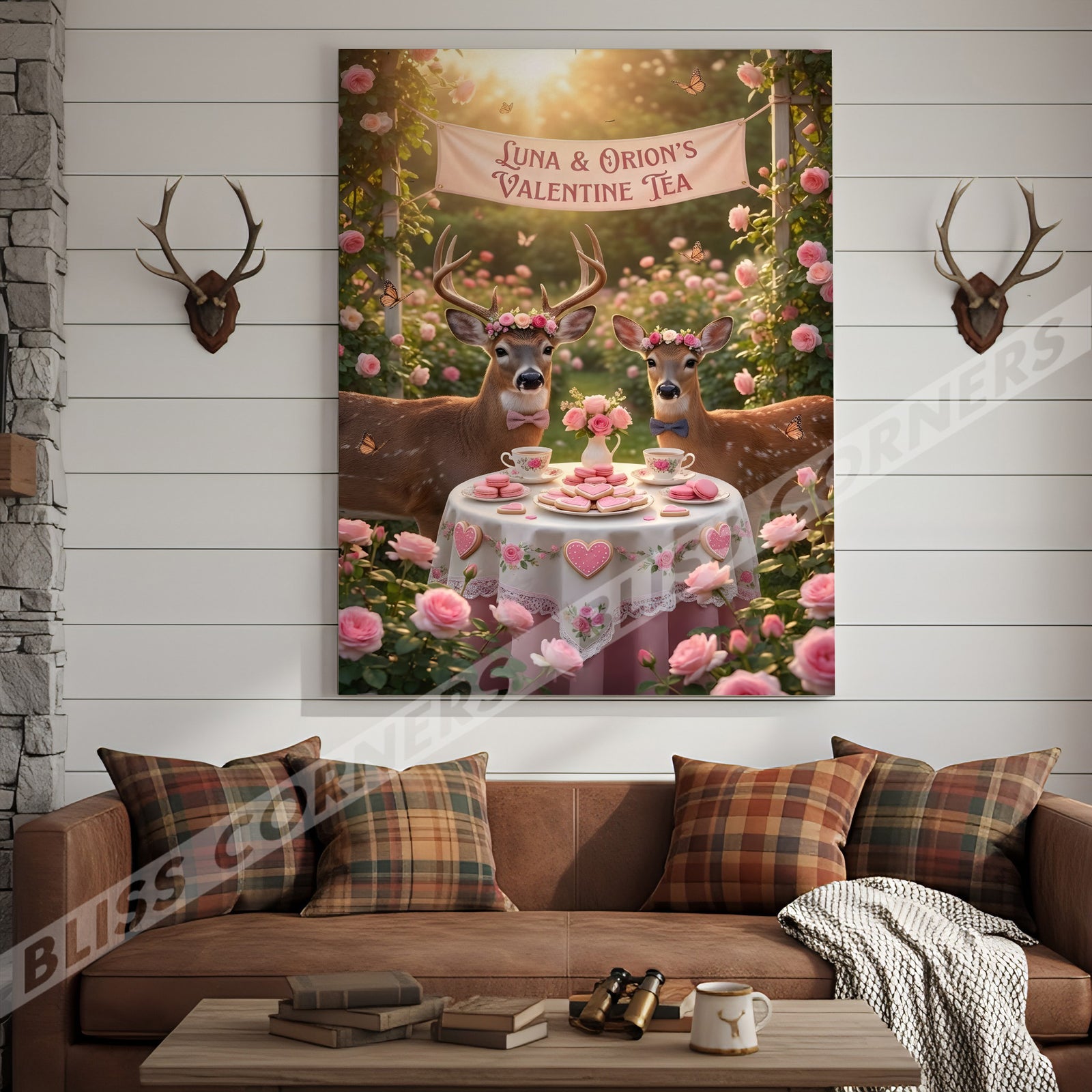 Blisscorners Valentine Deer Couple Tea Party Floral Garden Personalized Name Canvas