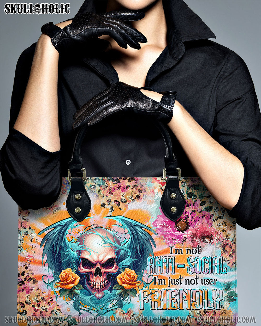 BLISSCORNERS I'M NOT ANTI-SOCIAL SKULL WINGS TIE DYE LEATHER HANDBAG