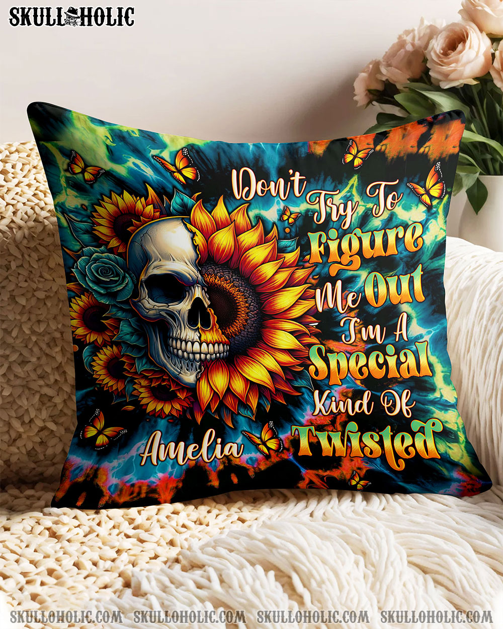 BLISSCORNERS PERSONALIZED DON'T TRY TO FIGURE ME OUT SKULL SUNFLOWER PILLOW