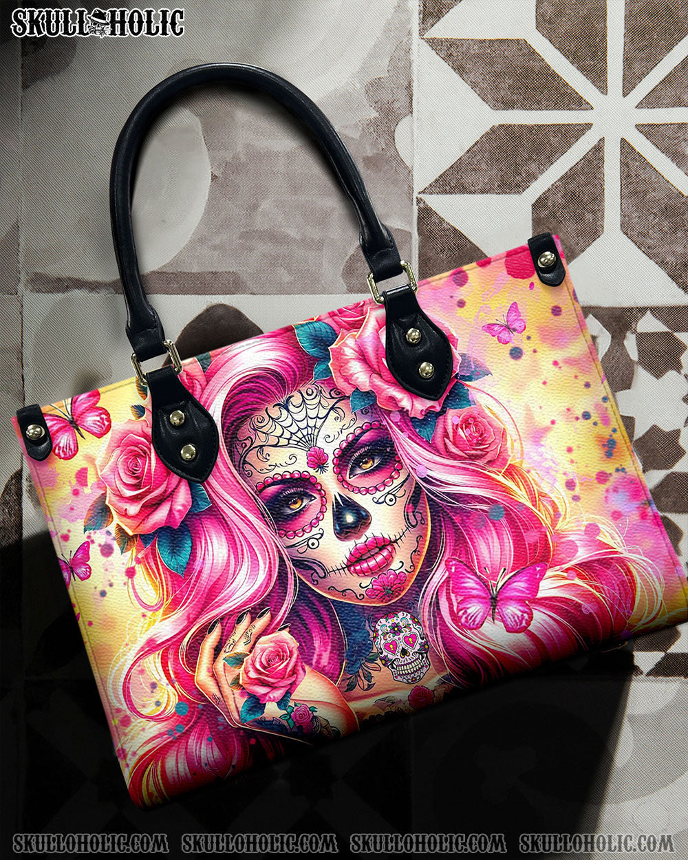 BLISSCORNERS SUGAR SKULL LADY ROSES LEATHER HANDBAG