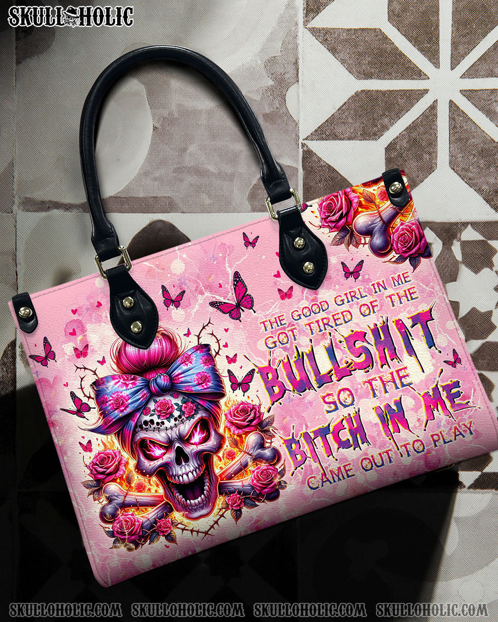 BLISSCORNERS THE GOOD GIRL IN ME MESSY BUN SKULL LEATHER HANDBAG