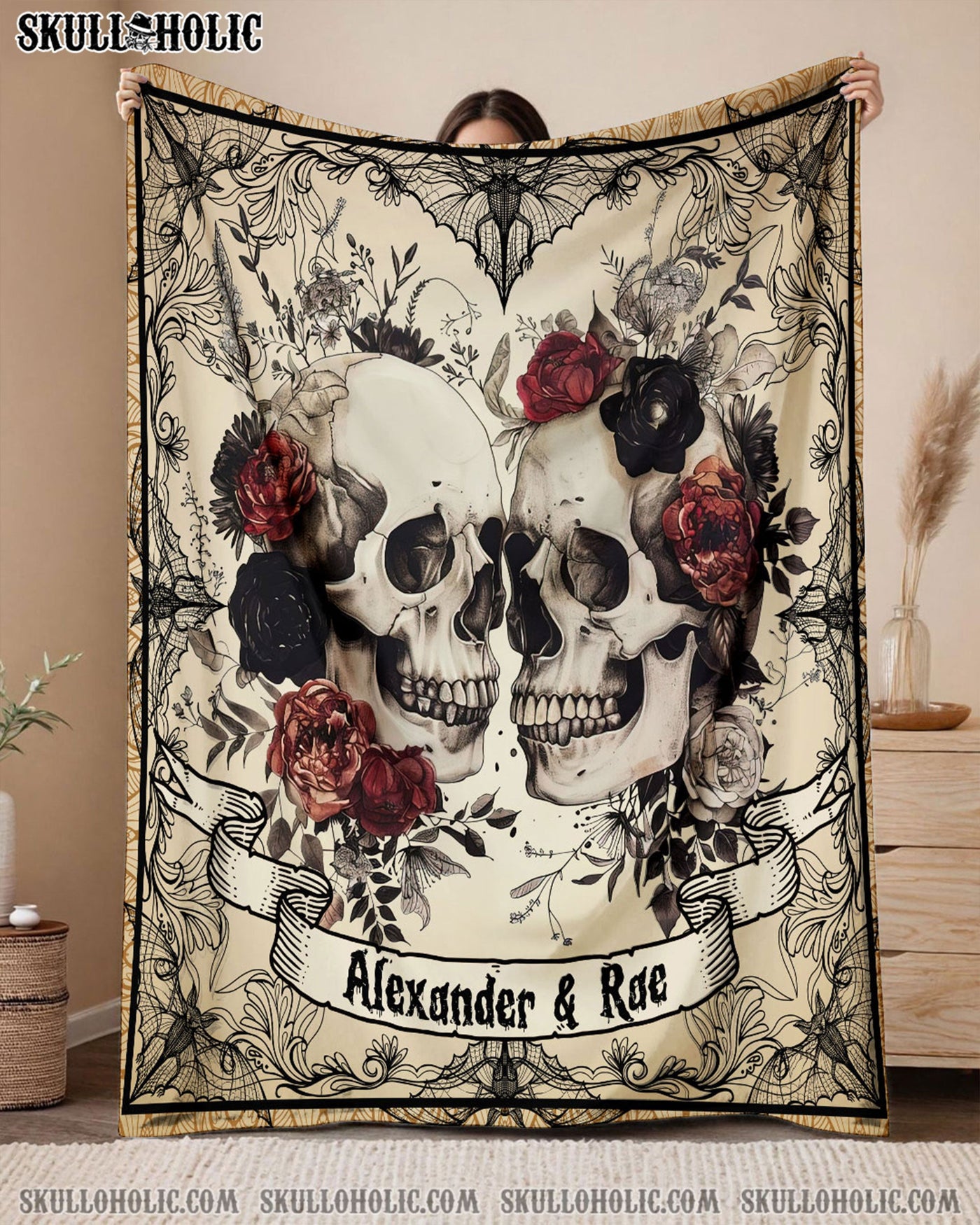 BLISSCORNERS PERSONALIZED SKULL COUPLE FLEECE BLANKET