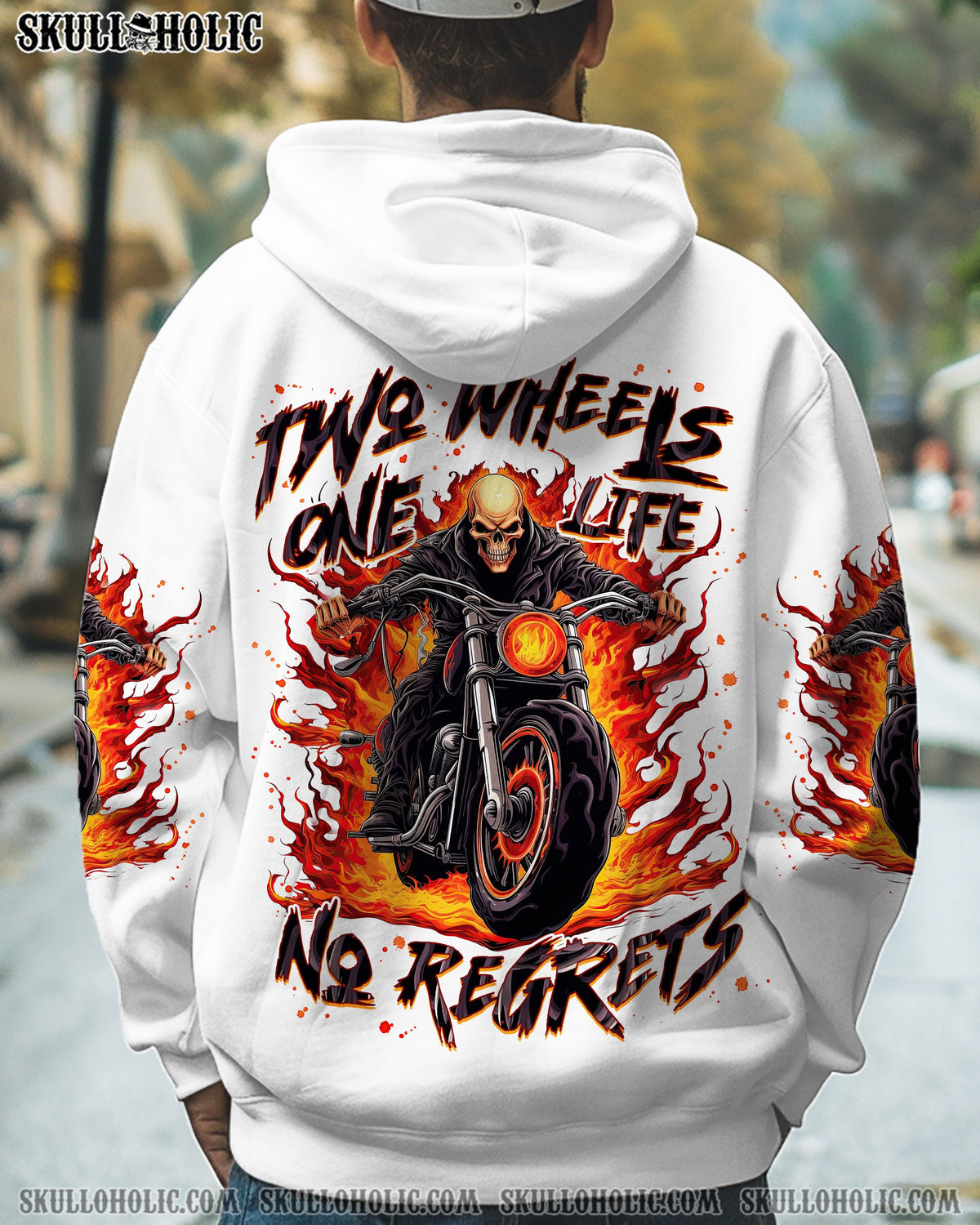 BLISSCORNERS TWO WHEELS ONE LIFE NO REGRETS BIKER SKULL ALL OVER PRINT