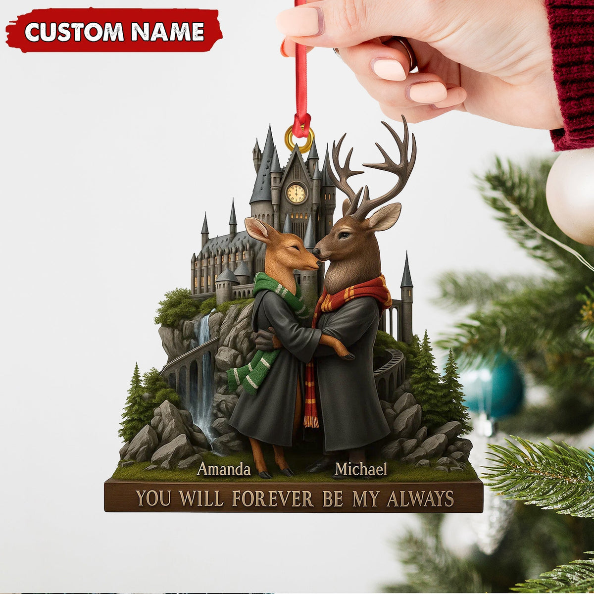 Blisscorners Personalized Wizard Castle Deer Couple Ornament, Custom Name Fantasy Lovers Christmas Gift, Magic School Romance Tree Decoration