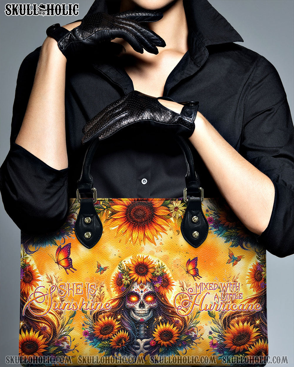 BLISSCORNERS SHE IS SUNSHINE SUNFLOWER SKULL LEATHER HANDBAG
