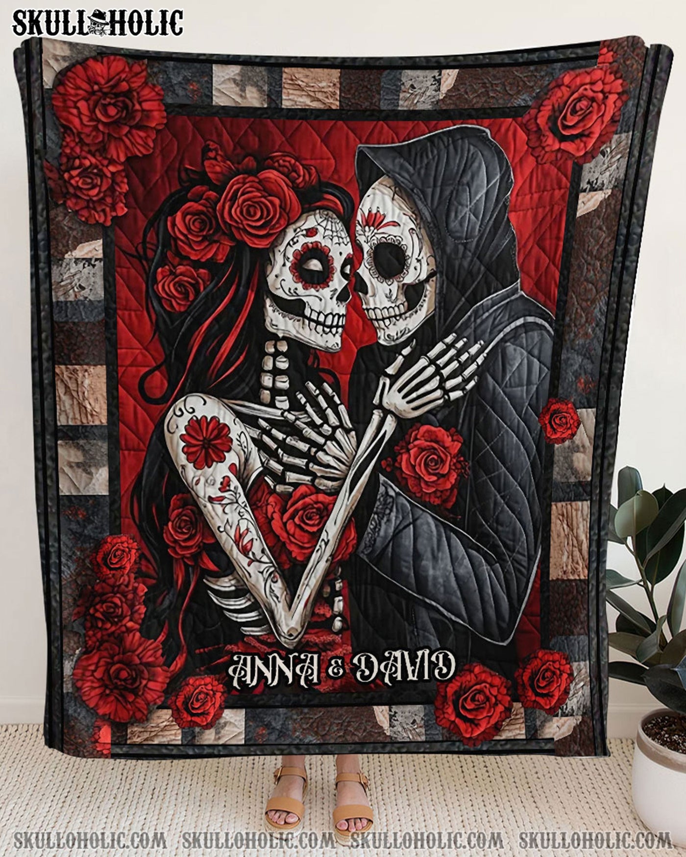 BLISSCORNERS PERSONALIZED SKULL LADY AND REAPER COUPLE FLEECE BLANKET