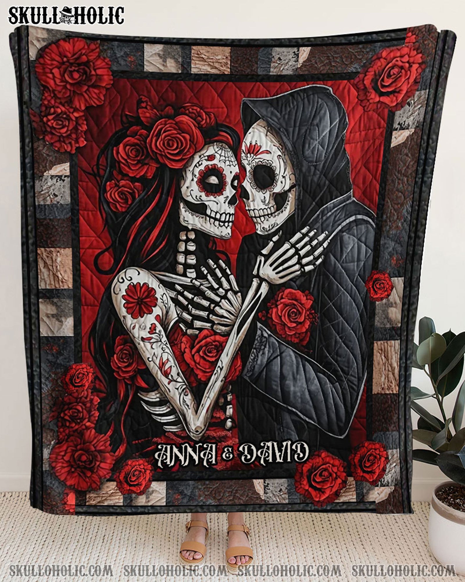 BLISSCORNERS PERSONALIZED SKULL LADY AND REAPER COUPLE FLEECE BLANKET