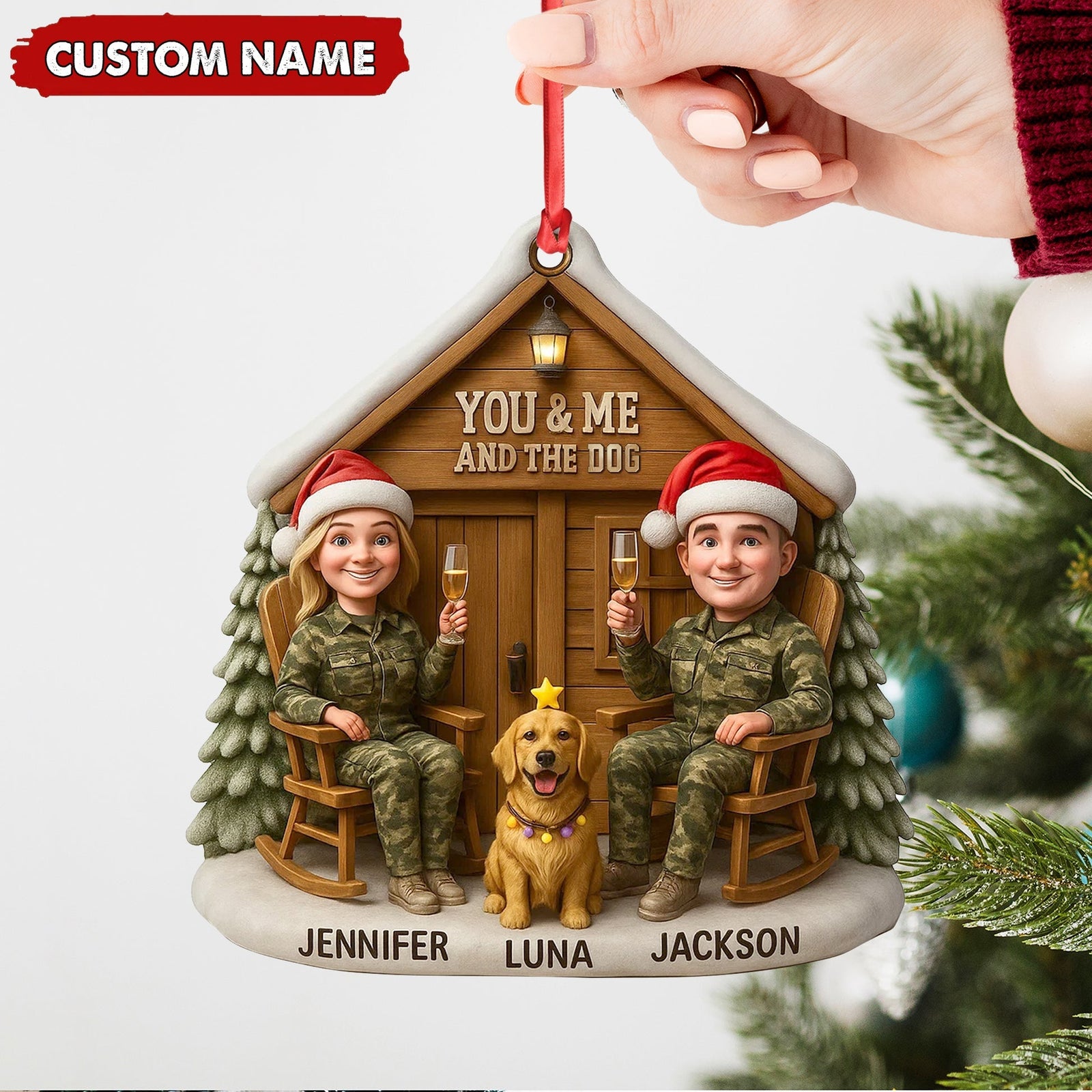 Blisscorners Personalized Hunter Couple Dog Christmas Ornament, Custom Name -You and Me and the DogCabin, Cute Hunting Family Pet Lover Gift