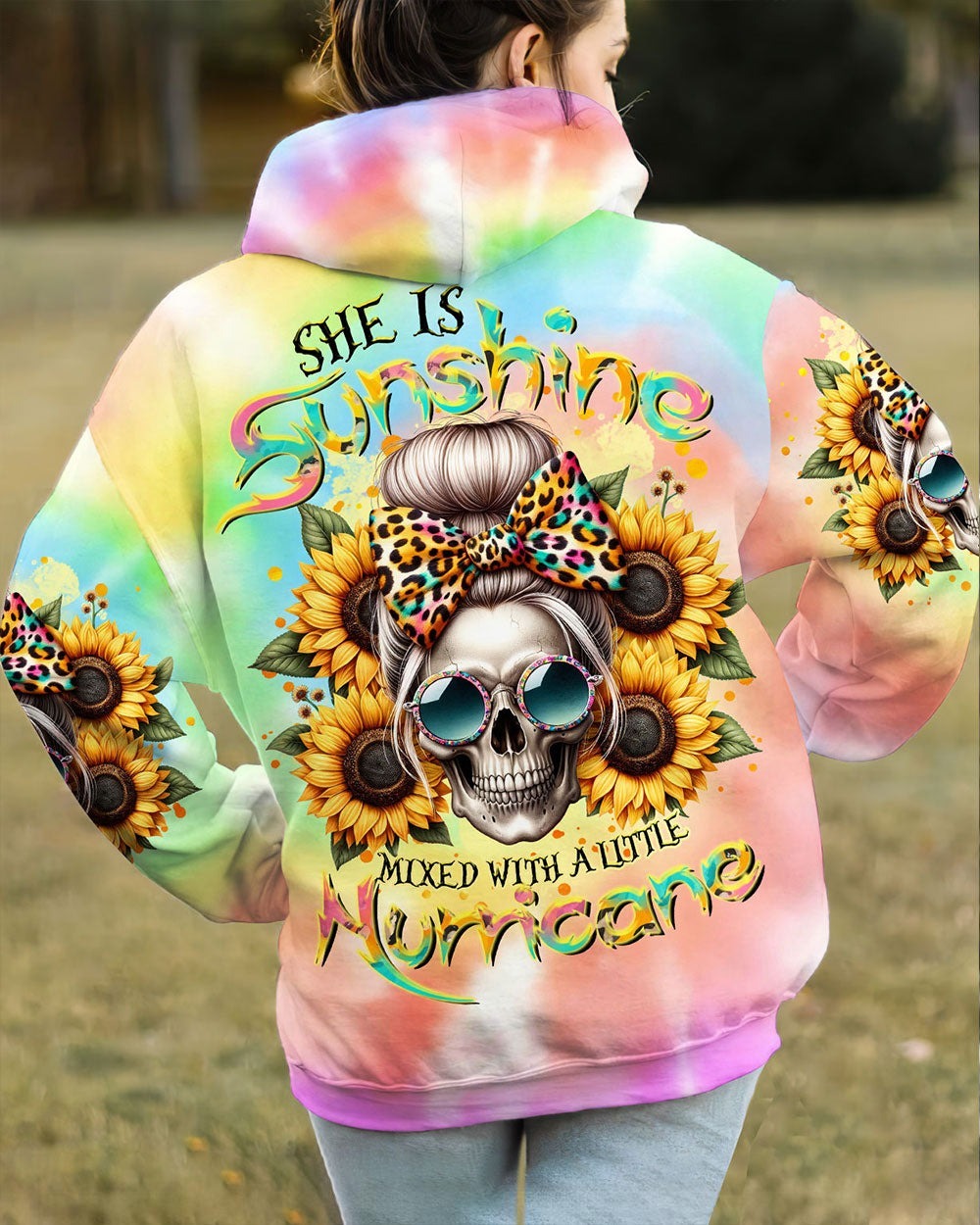 BLISSCORNERS SHE IS SUNSHINE SKULL MESSY BUN ALL OVER PRINT