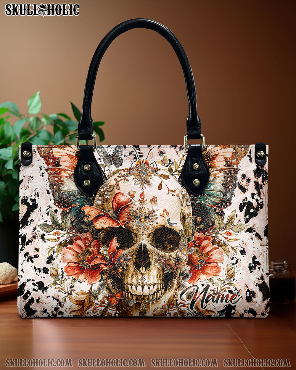 BLISSCORNERS SKULL BUTTERFLY WINGS LEOPARD LEATHER HANDBAG