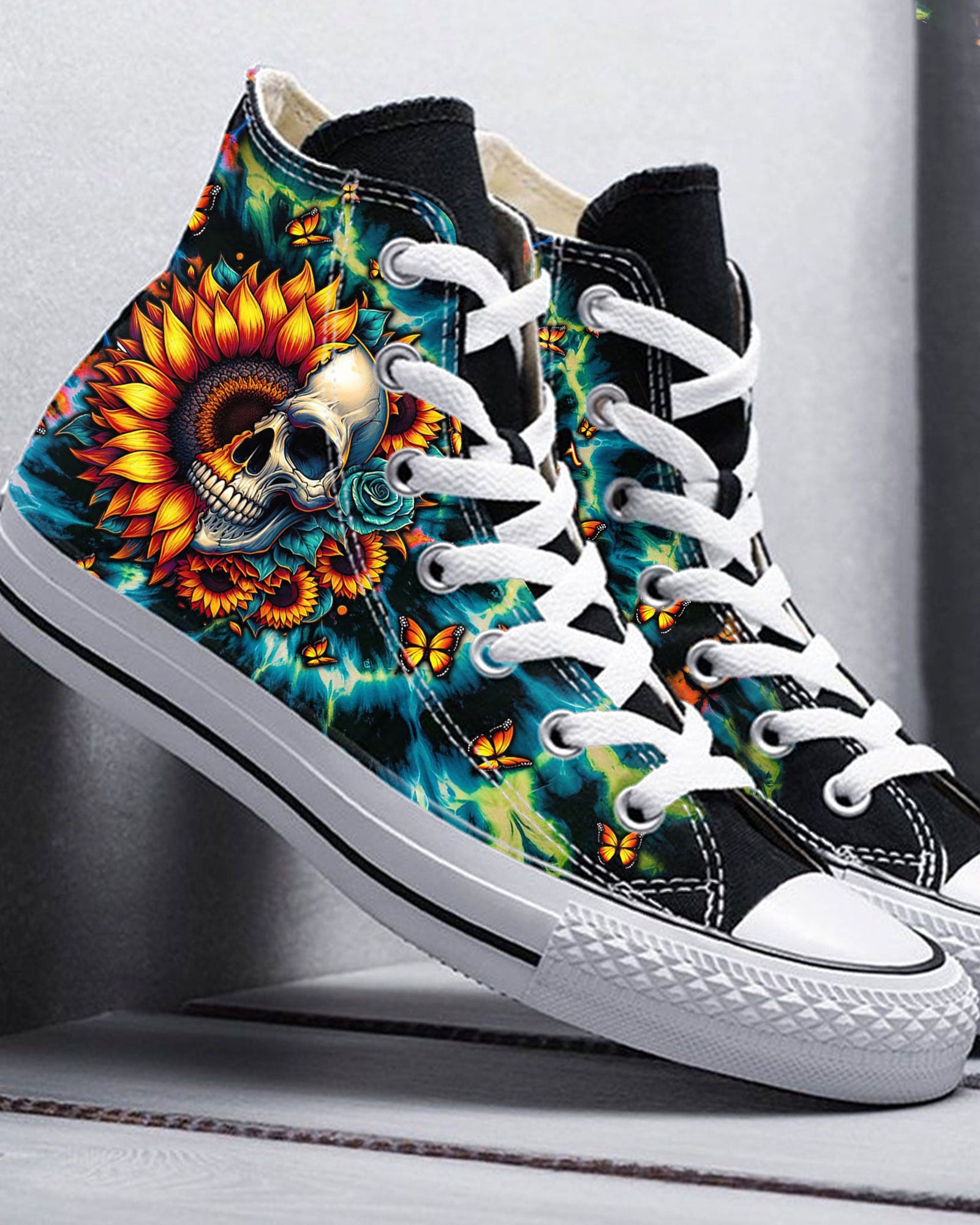 BLISSCORNERS DONT TRY TO FIGURE ME OUT SKULL SUNFLOWER HIGH TOP CANVAS SHOES