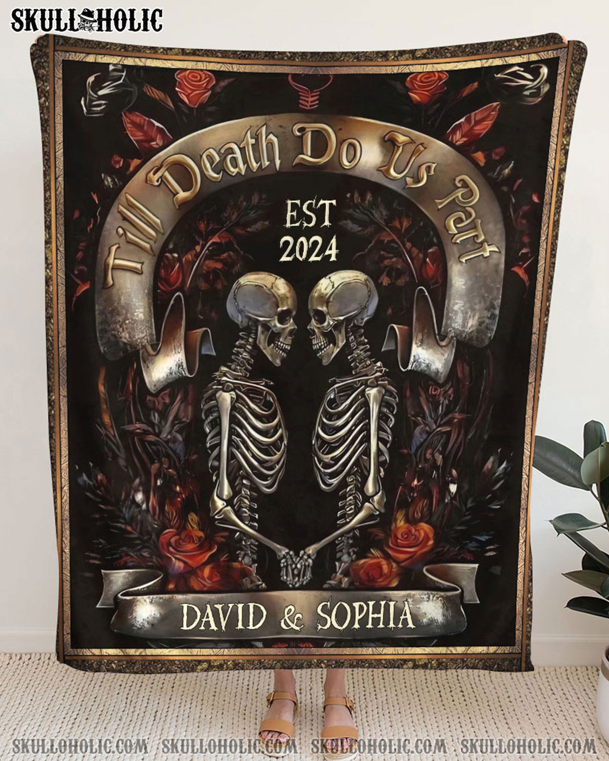 BLISSCORNERS PERSONALIZED TILL DEATH DO US PART SKULL COUPLE FLEECE BLANKET