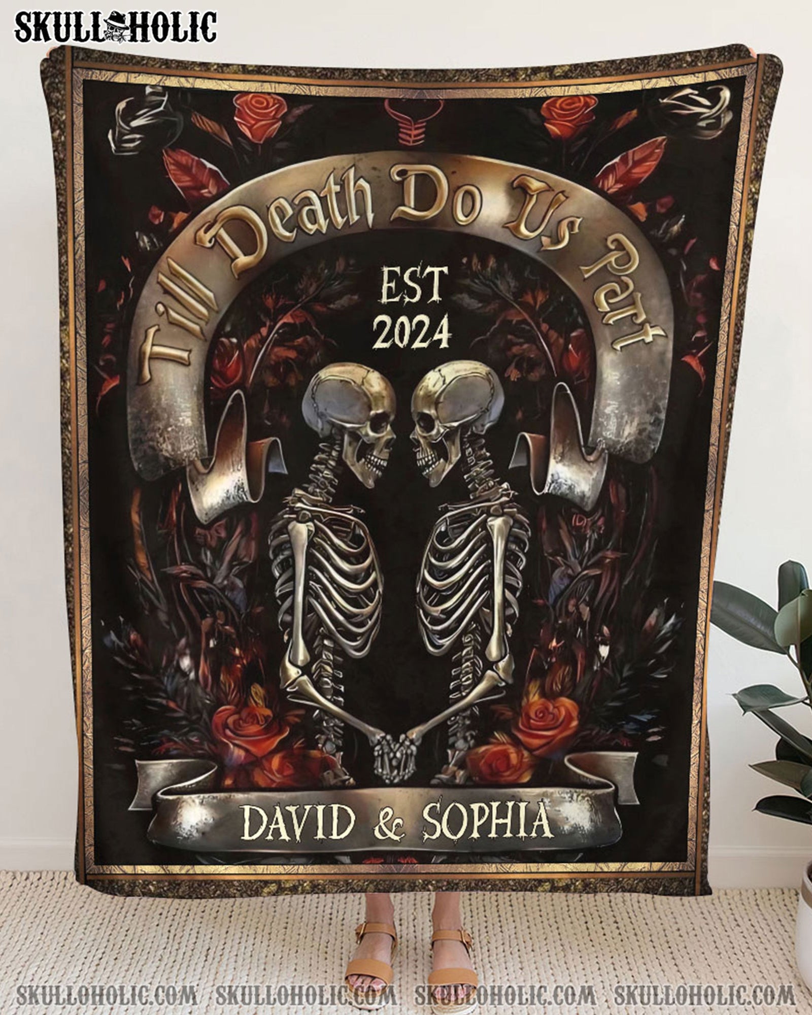 BLISSCORNERS PERSONALIZED TILL DEATH DO US PART SKULL COUPLE FLEECE BLANKET